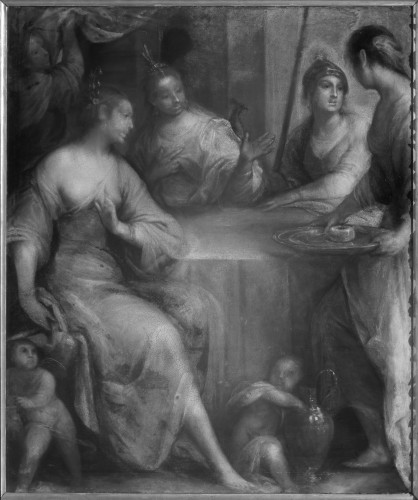Antiquités - The fall of the golden apple at the table of the Gods, attributed to Sante Peranda (1566-639) 