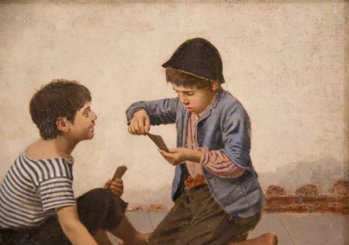 Les deux joueurs de cartes - Giulio del Torre (1856- 1932) - Antiquités Bastian
