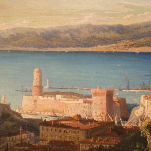 Paintings & Drawings  - View of the port of Marseille - Louis Auguste G. Leconte de Roujou (1819-1902)