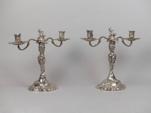 Pair of two-armed silver candlesticks, Augsburg 18th century - Antique Silver Style Louis XV
