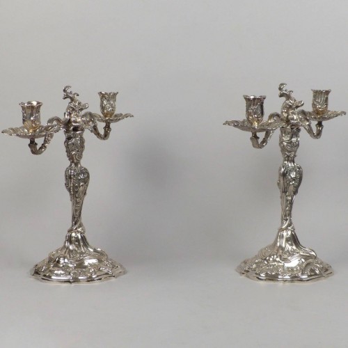 silverware & tableware  - Pair of two-armed silver candlesticks, Augsburg 18th century