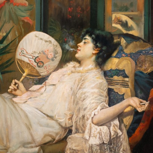 Femme allongée à l'éventail - Francesco Netti ( 1832 - 1894 ) - Tableaux et dessins Style 