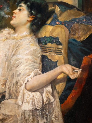 Tableaux et dessins Tableaux XIXe siècle - Femme allongée à l'éventail - Francesco Netti ( 1832 - 1894 )