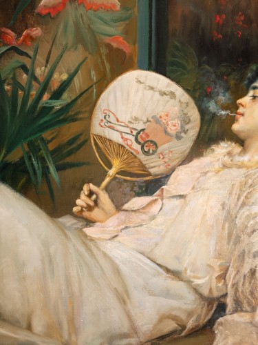 Woman lying holding a fan - l - Francesco Netti ( 1832 - 1894 ) - 