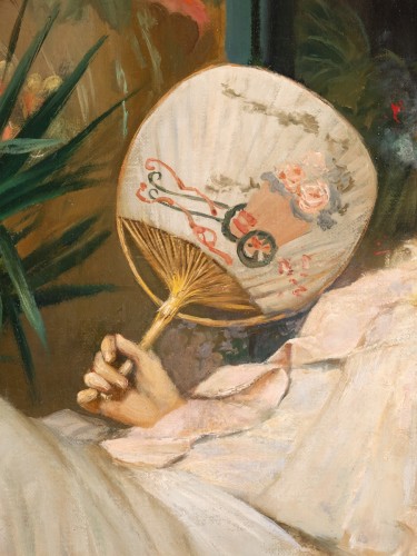 19th century - Woman lying holding a fan - l - Francesco Netti ( 1832 - 1894 )