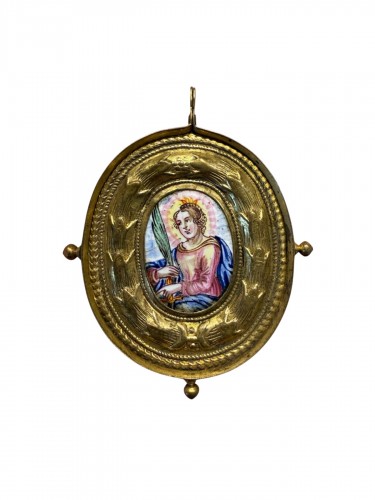 Pendentif médaillon religieux en cuivre doré et émail - Allemagne 18e siecle