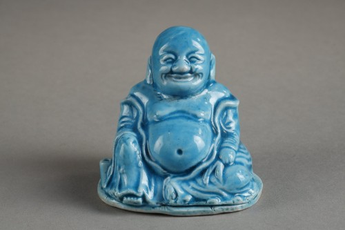 Asian Works of Art  - Chinese turquoise biscuit pair of Budai  - Kangxi period 1662/1722