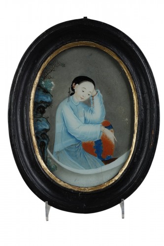 Fixé sous verre encadré representant une femme de cour - Chine 19e siècle