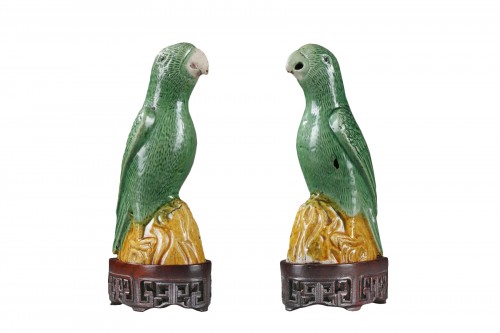 Pair parrots in biscuit - Kangxi period 1662/1722