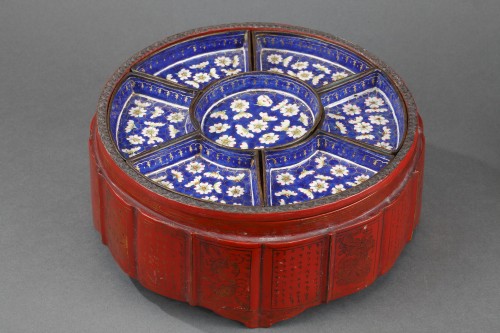 Asian Works of Art  - lacquer box painted with flowers and caligraphy