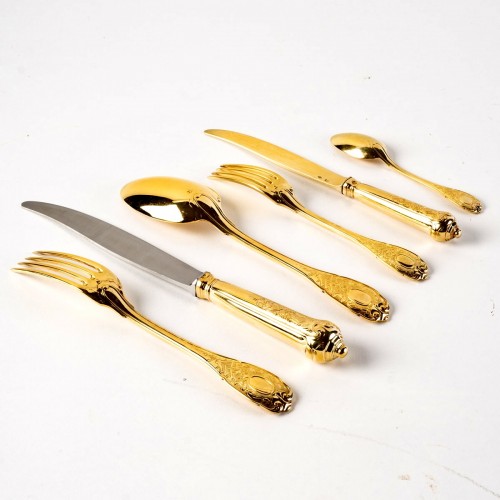 Puiforcat - Elysée Vermeil Sterling Silver Flatware Cutlery Set - 70 Pieces - Antique Silver Style 