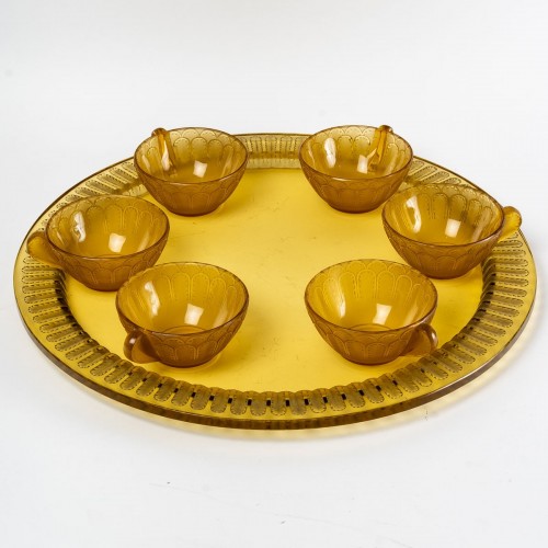 Antiquités - 1931 René Lalique - Set Jaffa - 6 Cups + 1 Tray