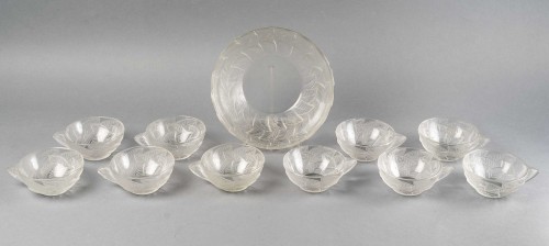 1931 René Lalique - Service Ormeaux - Bol saladier + 10 tasses coupes - Verrerie, Cristallerie Style Art Déco