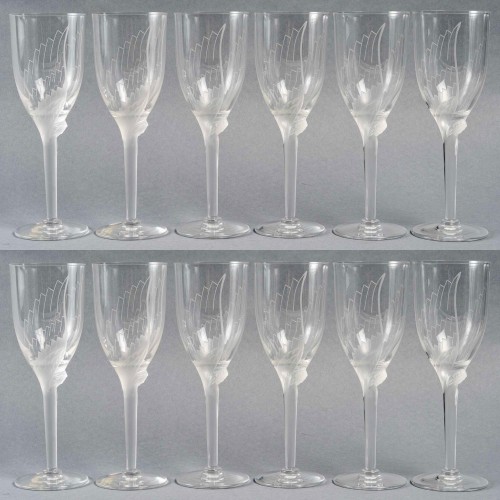 Lalique France - 12 Ange De Reims Crystal Champagne Glasses - New In Box - Glass & Crystal Style 50