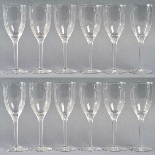 Glass & Crystal  - Lalique France - 12 Ange De Reims Crystal Champagne Glasses - New In Box