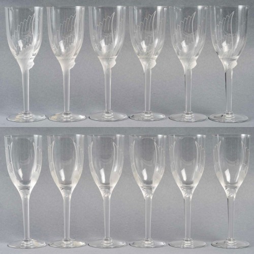 Antiquités - Lalique France - 12 Ange De Reims Crystal Champagne Glasses - New In Box
