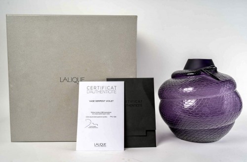 Antiquités - Lalique France Vase Serpent Cristal Violet N°044/888 - Neuf Avec Coffret & Certificat