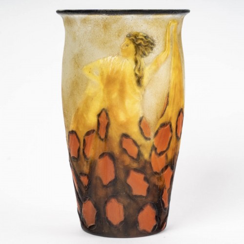 1928 Gabriel Argy Rousseau - Vase danseuses tenant une longue tobe - Verrerie, Cristallerie Style Art Déco