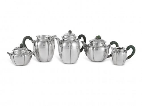 1922 Jean E. Puiforcat - Tea And Coffee Set In Sterling Silver And Nephrite - Antique Silver Style Art nouveau