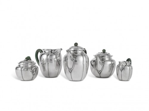 Antique Silver  - 1922 Jean E. Puiforcat - Tea And Coffee Set In Sterling Silver And Nephrite