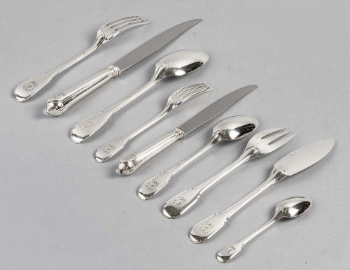 Puiforcat - 116 Pieces Cutlery Flatware Set Noailles Sterling Silver - Antique Silver Style 