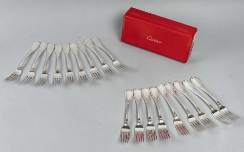 Antiquités - Cartier La Maison du Prince - 18 Starter Dessert Forks Silver Plated In Box