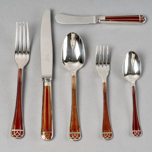 Christofle - Flatware Cutlery Set Talisman Plated Silver &amp; Sienna Lacquer - Antique Silver Style Art Déco