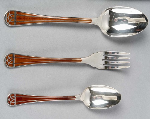 Antique Silver  - Christofle - Flatware Cutlery Set Talisman Plated Silver &amp; Sienna Lacquer