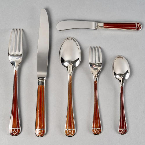 Christofle - Flatware Cutlery Set Talisman Plated Silver &amp; Sienna Lacquer - Art Déco