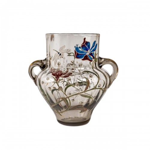 Emile Gallé Cristallerie - Vase à anses en verre émaillé d'Iris et d'une libellule