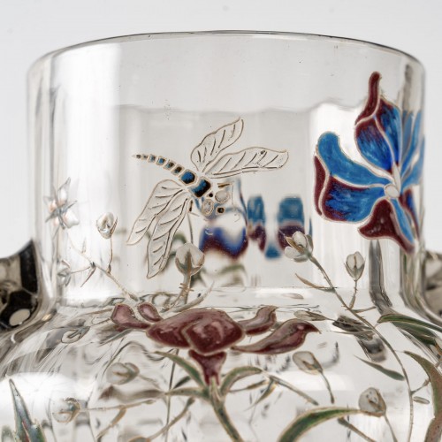 Verrerie, Cristallerie  - Emile Gallé Cristallerie - Vase à anses en verre émaillé d'Iris et d'une libellule