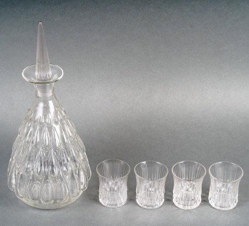 1922 René Lalique - Tableware Gouttes d&#039;Eau - 4 Tumblers + 1 Decanter - Glass & Crystal Style Art Déco