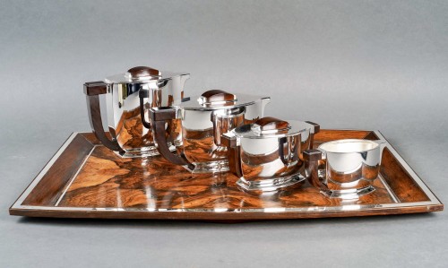 1934 Tetard Frères - Service à thé et à café en argent massif et palissandre - Argenterie et Orfèvrerie Style Art Déco