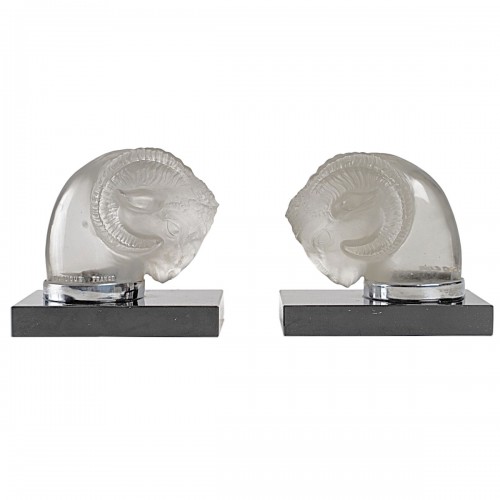 1928 René Lalique - Pair Of Bookends Car Mascots Tete De Belier