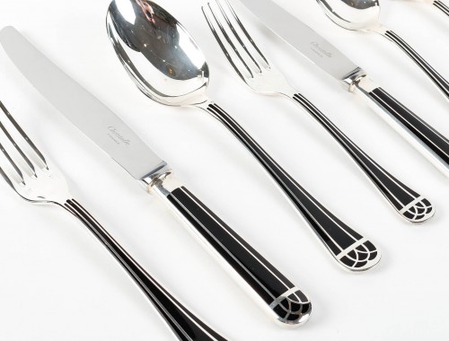 Christofle Flatware Cutlery Set Talisman Plated Silver Black Lacquer 192 Pc - Antique Silver Style Art Déco
