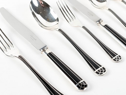 Christofle Flatware Cutlery Set Talisman Plated Silver Black Lacquer 192 Pc - silverware & tableware Style Art Déco