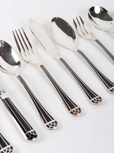 Antique Silver  - Christofle Flatware Cutlery Set Talisman Plated Silver Black Lacquer 192 Pc