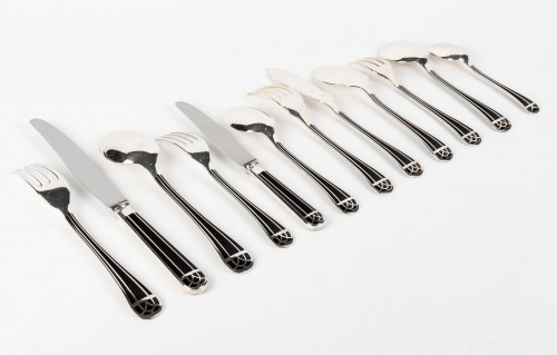 Art Déco - Christofle Flatware Cutlery Set Talisman Plated Silver Black Lacquer 192 Pc