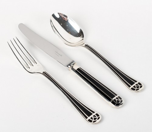 Antiquités - Christofle Flatware Cutlery Set Talisman Plated Silver Black Lacquer 192 Pc