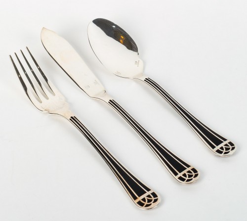 Antiquités - Christofle Flatware Cutlery Set Talisman Plated Silver Black Lacquer 192 Pc
