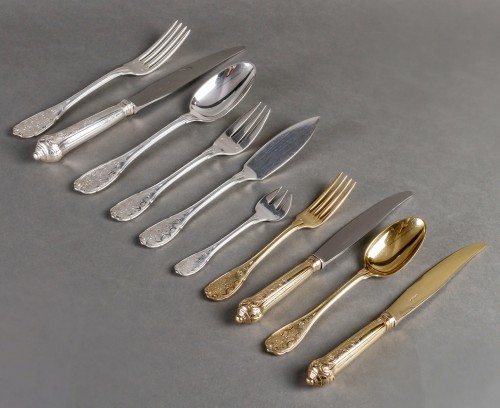 Puiforcat Cutlery Flatware Set Elysee Sterling Silver &amp; Vermeil 127 Pieces - Antique Silver Style 