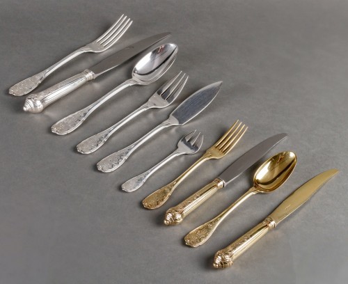 Puiforcat Cutlery Flatware Set Elysee Sterling Silver &amp; Vermeil 127 Pieces - silverware & tableware Style 