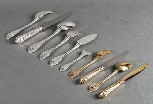 Antique Silver  - Puiforcat Cutlery Flatware Set Elysee Sterling Silver &amp; Vermeil 127 Pieces