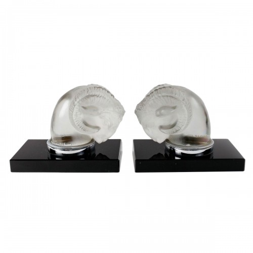 1928 René Lalique - Pair Of Bookends Car Mascots Tete De Belier Glass