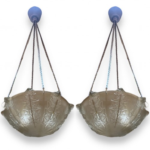 1927 René Lalique - Pair Of Suspensions Ceiling Chandeliers Lierre - 