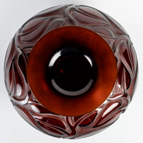 1926 René Lalique - Vase Sophora Dark Amber Glass With White Patina - 