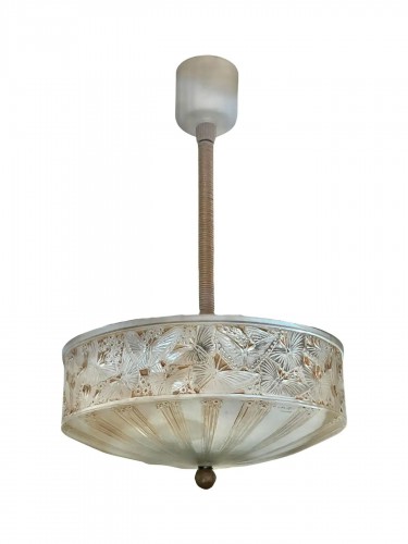 1923 René Lalique - Suspension Plafonnier Lustre Papillons Verre Patiné Sépia