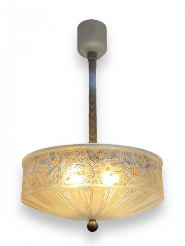 Luminaires Lustre - 1923 René Lalique - Suspension Plafonnier Lustre Papillons Verre Patiné Sépia