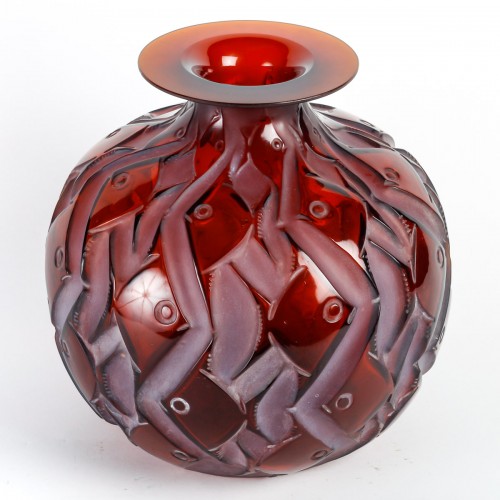 1928 René Lalique - Vase Penthièvre Verre Ambre Patiné Blanc - Verrerie, Cristallerie Style Art Déco