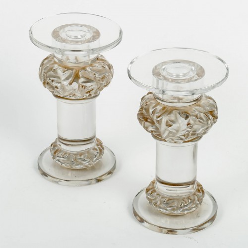 1944 René Lalique - Pair Of Candlesticks Chene Oak - Glass & Crystal Style Art Déco